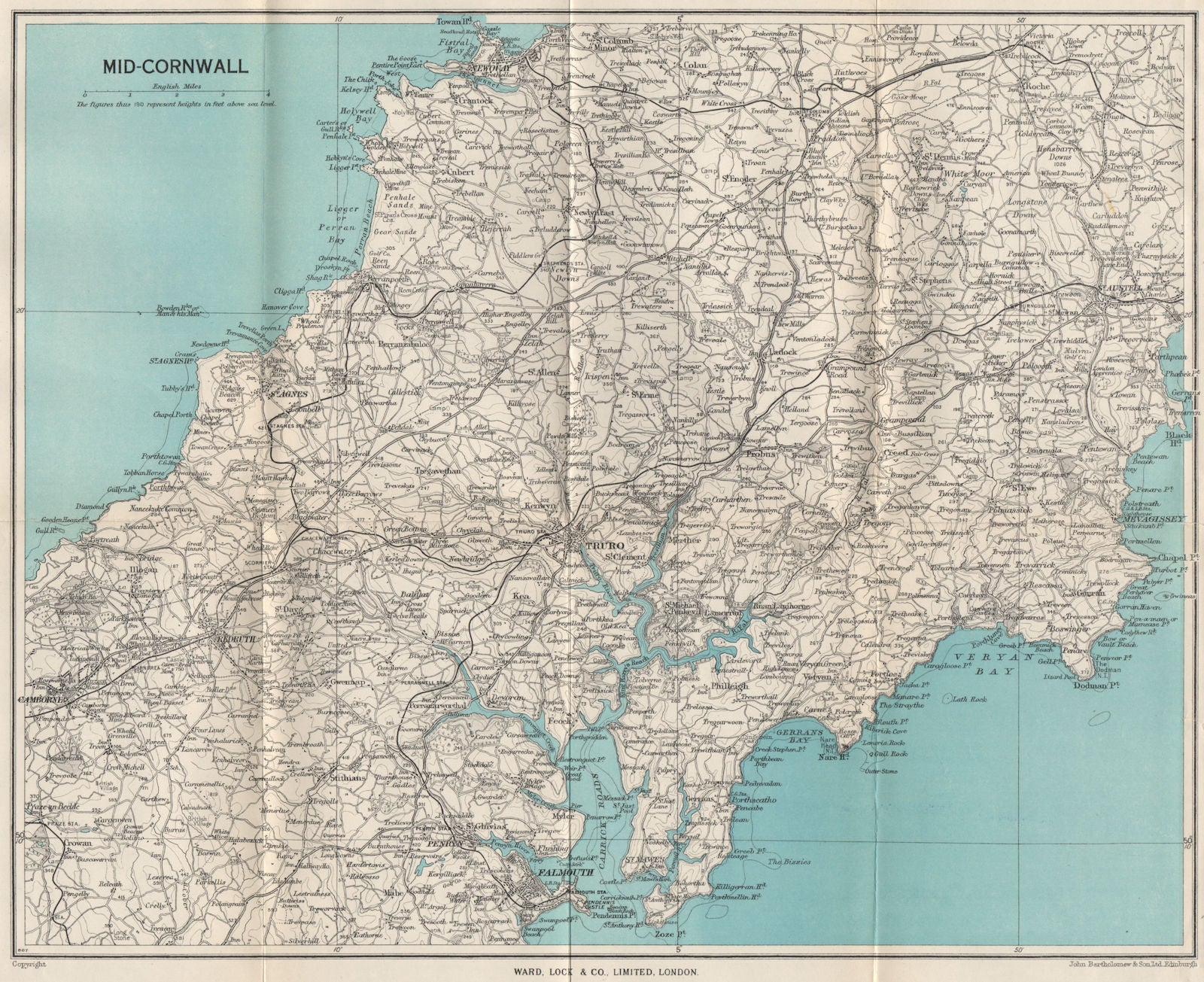 MID-CORNWALL. Carrick Roads Truro Newquay Redruth Falmouth St Austell 1948 map